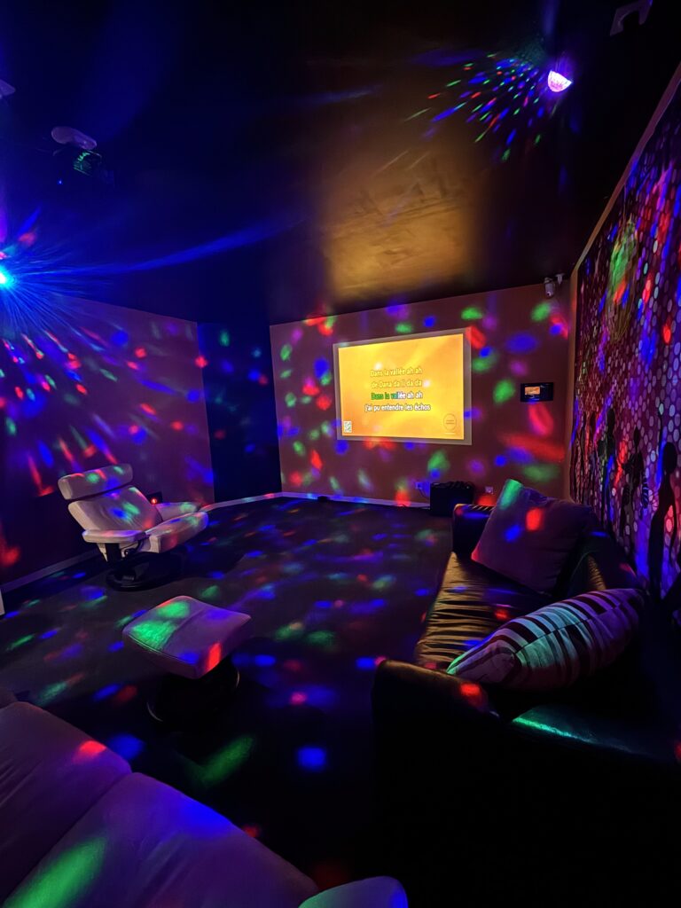 vue de la salle avec jeux de lumières et écran karaoke